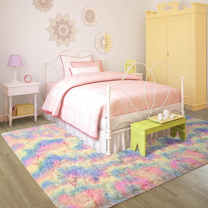 Rainbow Fluffy Rug for Girls Bedroom Soft Carpet, 4x6 Unicorn Rainbow Rug Cute Shag Area Rugs for Dorm Classroom Living Room Baby Toddler Kids Girls Room Nursery, Colorful Kawaii Home Decor