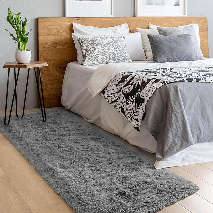 Grey Fluffy Runner Rug for Bedroom Living Room 2x6 Soft Carpet, Long Shaggy Rugs Non Slip for Bedside Dorm Classroom Kids Boys Girls Room Nursery Home Decor