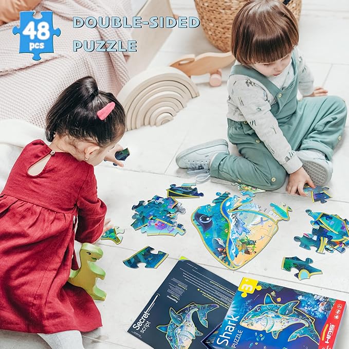 HAS Happiness and Surprise Floor Puzzles for Kids Ages 3-8, Double-Sided Shark Shape Puzzle, Ocean World Puzzles, 48 Pieces Children Jigsaw Puzzle for Boys and Girls Gifts