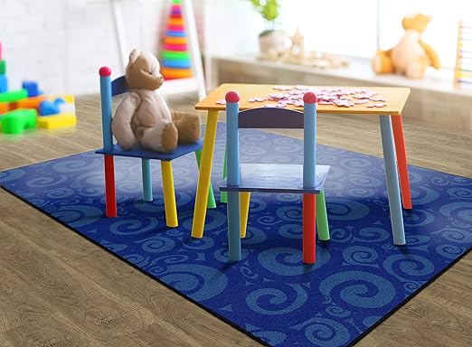Flagship Swirl Tone on Tone Carpet for Children's Classroom and Bedroom Area Rug, Playroom or Teaching Area for Playtime and Reading, 6' x 8'4", Blue