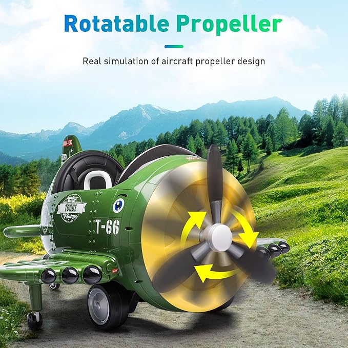 Electric Car for Kids Ride On Airplane Toy TOBBI Battery Powered 12V Kids' Electric Vehicle Rideable Airplane with Remote Control/Bombing Sound -Army Green