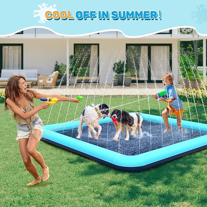 117'' Splash Pad for Dogs, Non-Slip Sprinkler for Kids, Square Splash Pad for Kids Ages 4-8, Splash Pads for Toddlers 1-3, Dog Sprinkler Shallow Pool, Outdoor Water Toys for Backyard, Teal