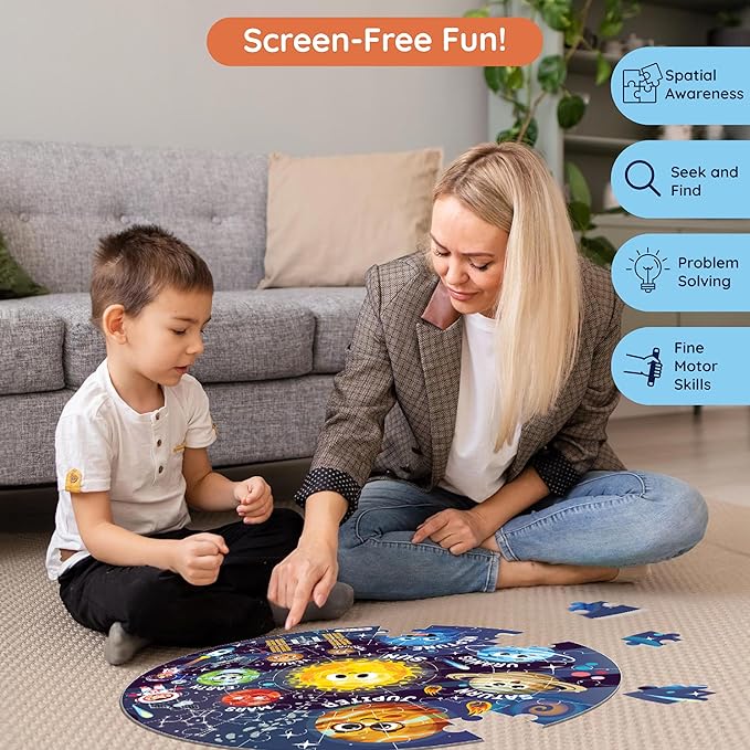 Jumbo 70 Piece Round Floor Puzzles for Kids Ages 3-5, 6-8, Large Jigsaw Puzzle with Solar System and Planets, Educational Flash Cards and 3D Figures Educational Gift