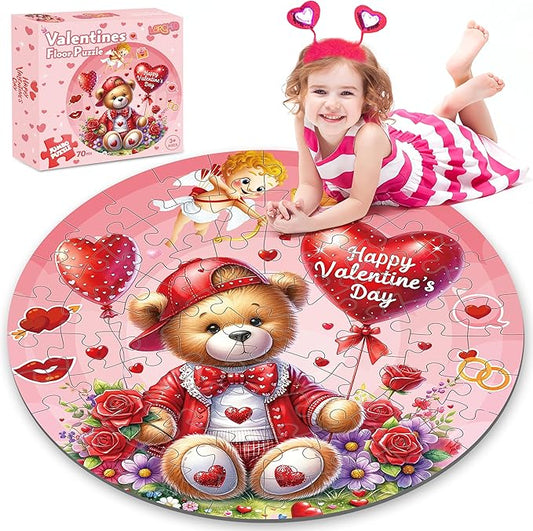 Valentines Floor Puzzles for Kids Age 4-8, Valentiens Day Gifts for Kids Classroom Exchange Gifts Love Bear and Balloons Large Jigsaw Puzzles Educational Learning Toys
