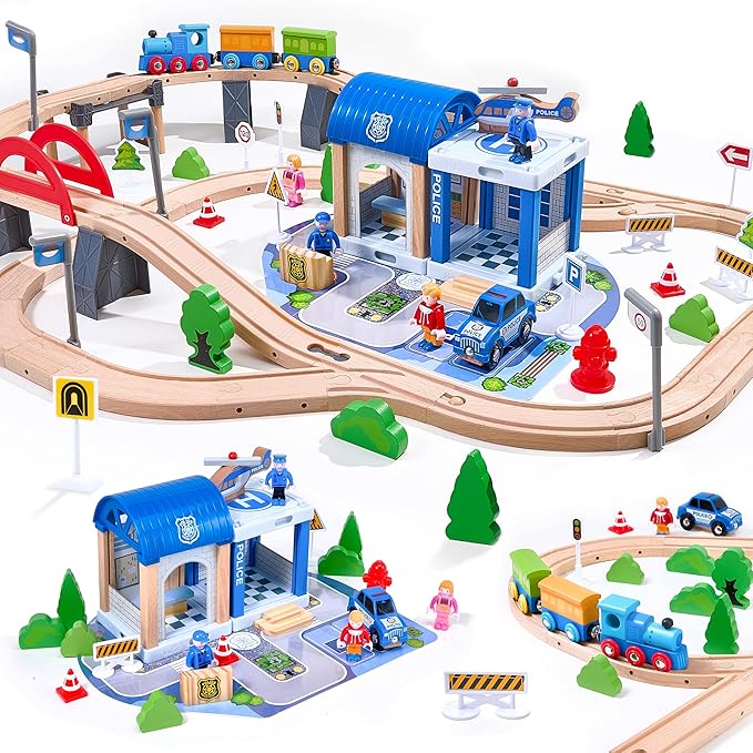 102-Piece Wooden Train Set for Kids Ages 3-8 | Expandable & Customizable Track | Safe, Non-Toxic STEM Toy Gift for Toddlers & Children | Compatible with Major Brands