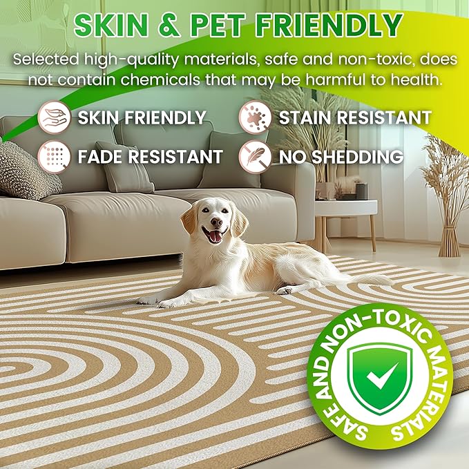 Washable 8x10 Abstract Area Rug for Living Room, Tan Brown Rainbow Modern Boho Throw Rugs, Soft Ultra-Thin Low Pile Stain Resistant Nonslip Indoor Large Carpet for Office Bedroom Playroom Classroom