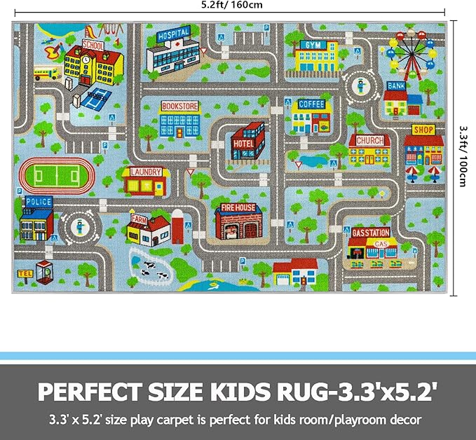Capslpad Sky Blue Car Road Kid Rug Carpet Playmat for Playoom Traffic Road Kids Play Mat for Toddler Non Slip Washable City Map Race Track Carpet Rug for Kids Room Bedroom Nursery Room Decor,5.2'x3.3'
