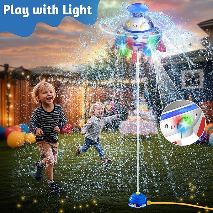 COCASES Water Sprinkler for Kids, UFO Water Rocket with Light for Kid, Outdoor Summer Kids Sprinkler Water Toy Play for Yard Backyard Pool Lawn Garden Birthday Gift for Boys Girls Ages 3-12 Year Old