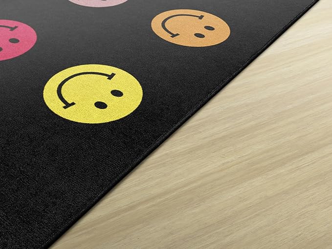 Flagship Carpets Schoolgirl Style Rainbow Smileys in Black Criss-Cross Applesauce Educational Area Rug for Kids Room, Children's Classroom for Teaching and Playroom, 5' x 7'6", Black & Multi, Seats 20