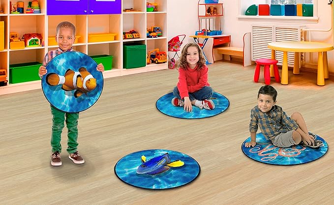 Flagship Carpets Into The Sea Educational Area Rug for Classroom, Home Learning, Playroom Mat, or Kids Room Carpet, Set of 12, 16" x 16", Multicolor