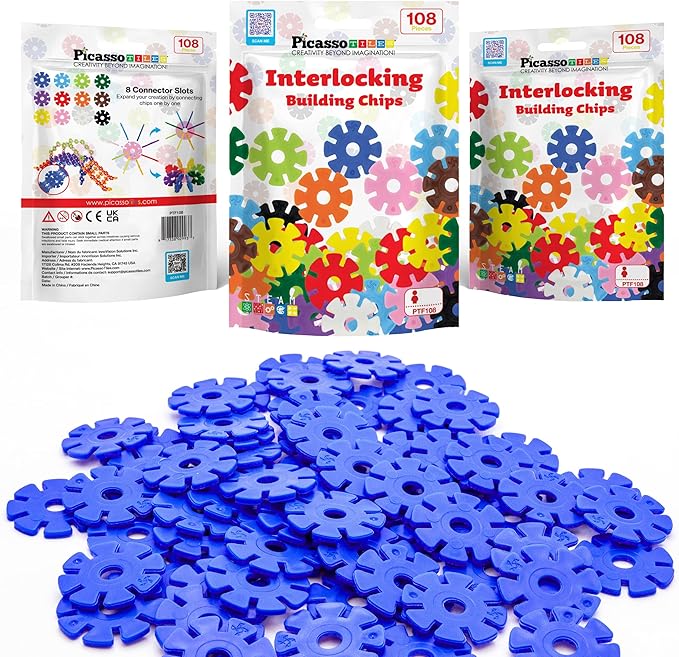 PicassoTiles Building Chip Interlocking Disc Construction Blocks in Blue Color STEM Learning Early Education Toy Engineering Playset Child Brain Development for Toddlers Girls Boys Kids Age 3+ PTF108