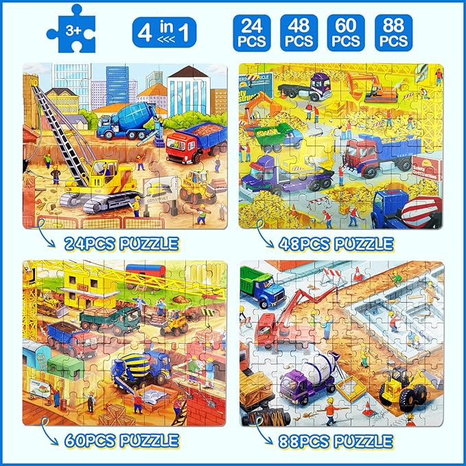 Wooden Puzzles for Kids Ages 4-8, Construction Sites Vehicles 4-in-1 Jigsaw Puzzles in a Wood Storage Box, 24 48 60 88 Pieces Construction Vehicles Puzzles Toys for Toddlers Kids Ages 3 4 5 6