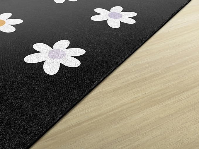 Flagship Carpets Schoolgirl Style Daisies on Black Criss-Cross Applesauce Educational Area Rug for Kids Room, Children's Classroom, Play Carpet for Teaching and Playroom, 5' x 7'6", Seats 20