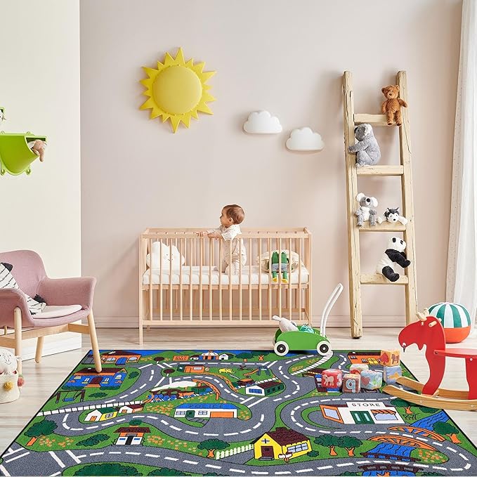 Ottomanson 5' x 6'6" Kids Road Map Rug - Interactive City Traffic Play Mat for Toy Cars - Perfect for Playroom, Bedroom, Daycare & Classroom - Durable & Non-Slip for High-Traffic Areas, Multicolor