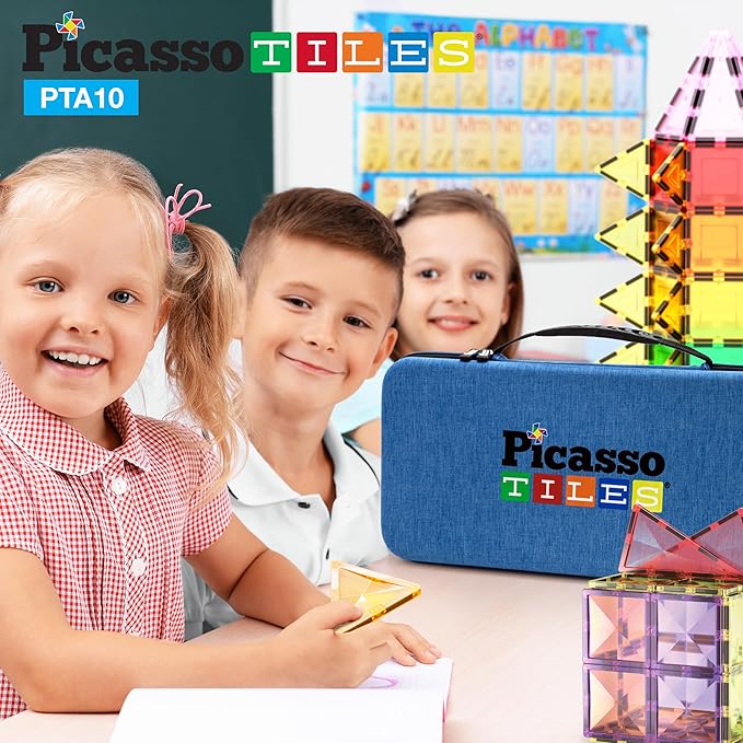 PicassoTiles 50PC Magnetic Race Car Track + Carry Case Bundle: STEAM Educational Playset for Kids Includes Travel Storage Organizer - Learning Construction Toy, Creative Design, Sensory Development