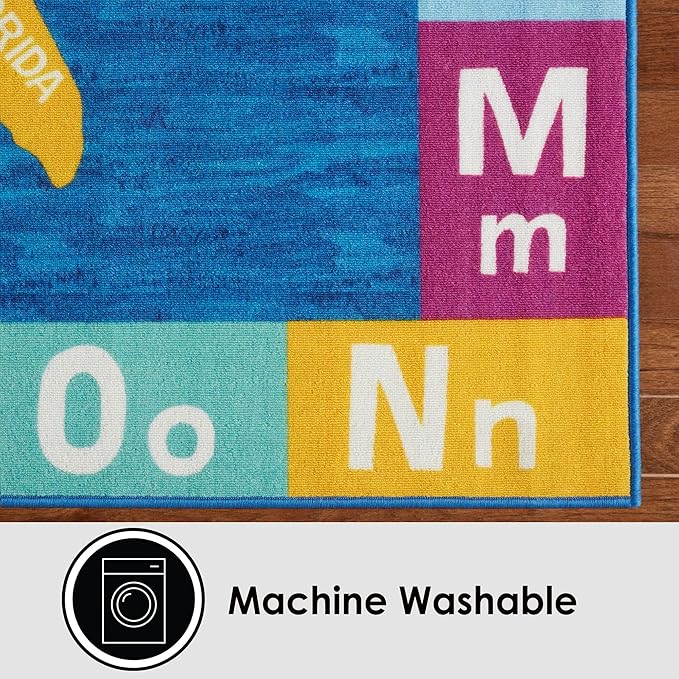 Eric Carle Elementary USA Map Kids Machine Washable Area Rug Blue/Red, 4'11"x6'6"