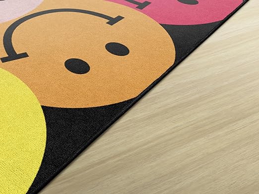 Flagship Carpets Schoolgirl Style Big Rainbow Smiley Faces Educational Area Rug for Kids Room Seating Décor, Children's Classroom, Play Carpet for Teaching and Playroom, 7'6" x 12', Black & Multi