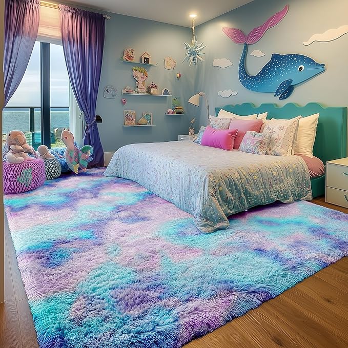 PAGISOFE Machine Washable Rainbow Runner Rugs for Girls Bedroom Hallway Plush Fluffy Purple Rug 3x5 Ft,Soft Carpet for Living Room, Non-Slip Indoor Floor Rugs for Nursery Kids Girls Room Home Decor