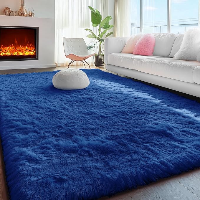 PAGISOFE Blue Rug 4x6 Ft Fluffy Shag Rugs for Bedroom Soft Fuzzy Shaggy Blue Rugs for Living Room Carpet Nursery Floor Boys Room Dorm Rug Kids Playroom Navy Area Rug Teen Home Decor