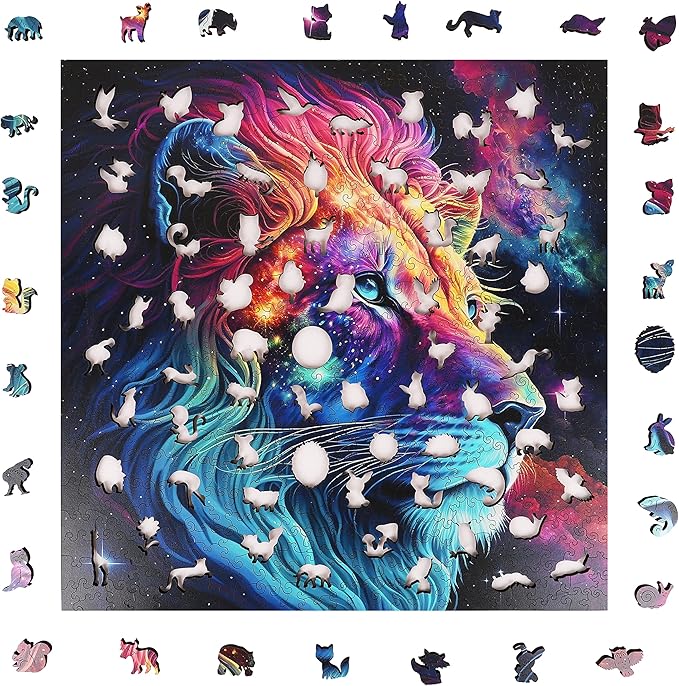 Unique Wooden Jigsaw Puzzles - Starry Lion, 200 Pcs Medium Size 11.2'' x 11.2'', Luxurious Animal Shaped Wood Puzzle, Beautiful Package, Best Gift for Adults