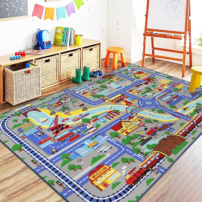 Capslpad Kids Rug 6'6" x 5'0" Educational Learning Kid Play Area Rug Large Traffic Road Cars Rug Play Mat for Kids Toy Nursery Car Carpet for Playroom Living Room Classroom Decor, Blue