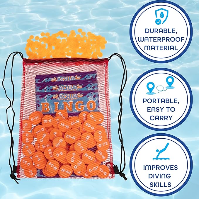 Aqua Pool Bingo Diving Game for Adults & Kids- Swim for & Call 75 Sinking Numbers, Fill Your Card To Win- Includes 200 Marker Chips, 10 Waterproof Play Cards, Fun for Summer Birthday or BBQ Parties