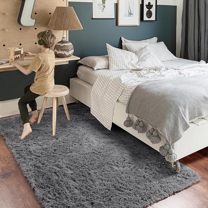 Amdrebio Grey Area Rugs for Bedroom Living Room, Fluffy Fuzzy Modern Rugs for Kids Room, Furry Floor Shaggy Throw Gray Carpet for Baby Nursery Preppy Dorm Office, Home Decor, Farmhouse Thick Rug 4x6