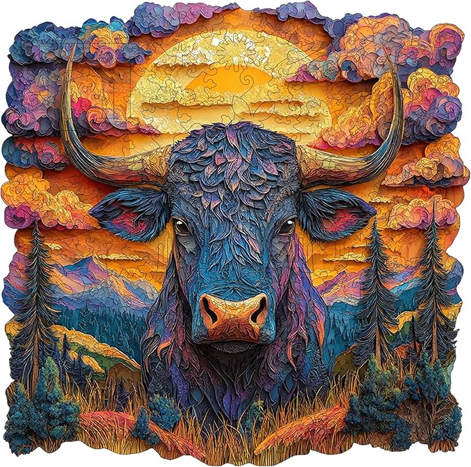 Wooden Puzzle for Adults - 3D Longhorn Wooden Jigsaw Puzzles 500 Piece, Unique Shaped Animal Challenging Puzzles, Exquisite Packaging, Best Gift Toys for Family Friends 16.5x16.5 in