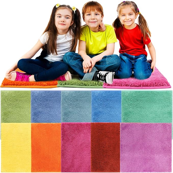 10 Pcs Kids Carpet Square Seats Soft Rainbow Floor Rug Mats Warm Colorful Hemming Floor Rug Cushions for Classroom Group Story Activity Home Play Area(18 Inch,Multi Color)