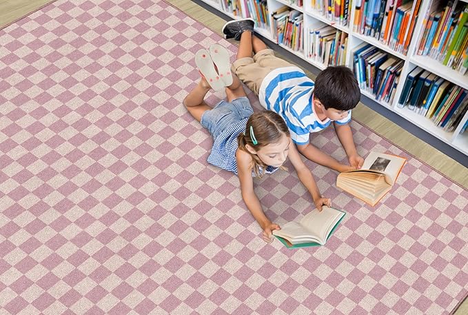 Flagship Carpets Schoolgirl Style Blush Checkerboard Educational Area Rug for Kids Room Seating Décor, Children's Classroom, Play Carpet for Teaching and Playroom, 5' x 7'6", Blush Pink