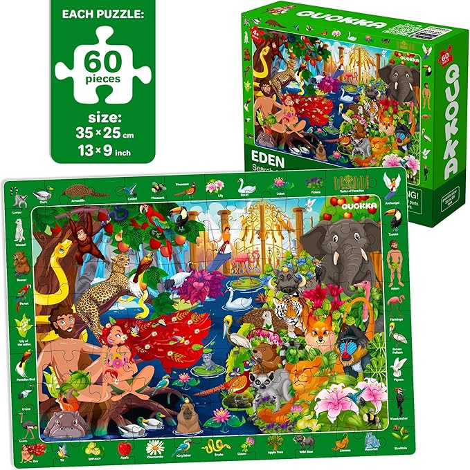QUOKKA 60 Piece Kids Puzzles Ages 5-8 - Set of 4 Bible Jigsaw Puzzles for Kids 4-6-10 Year Old - Tower of Babel - Noah`s Ark - Eden Toys for Children 5-7 yo - Christian Gifts for Boys & Girls