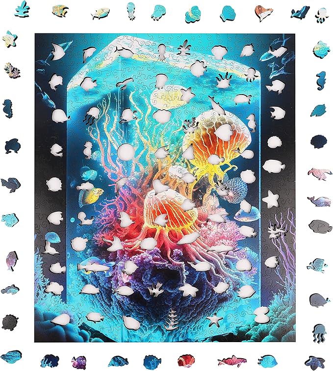 Unique Wooden Jigsaw Puzzles - Coral Jellyfish, 200 Pcs Medium Size 9.6'' x 11.8'', Luxurious Animal Shaped Wood Puzzle, Beautiful Package, Best Gift for Adults