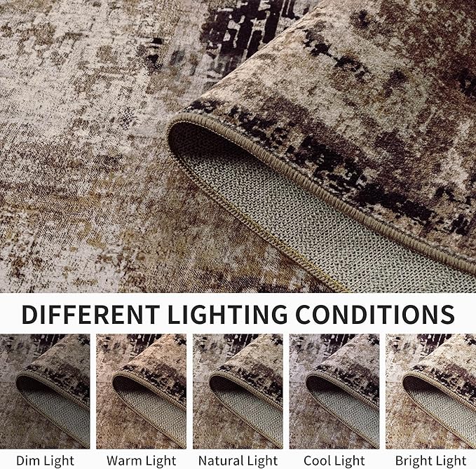 Area Rug 4x6 Brown Rug Washable Boho Rugs Non Slip Low Pile Abstract Coffee Small Carpet for Entryway, Bedroom, Kitchen, Classroom, Kids Room, Office, Dorm, Dining Room