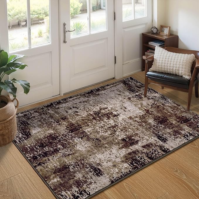 Entryway Rug 3x5 Brown Bedroom Area Rug Washable Non Slip Abstract Coffee Boho Rugs for Indoor Entry, Kitchen, Classroom, Bathroom, Kids Girls Room, Office, College Dorm Small Carpet