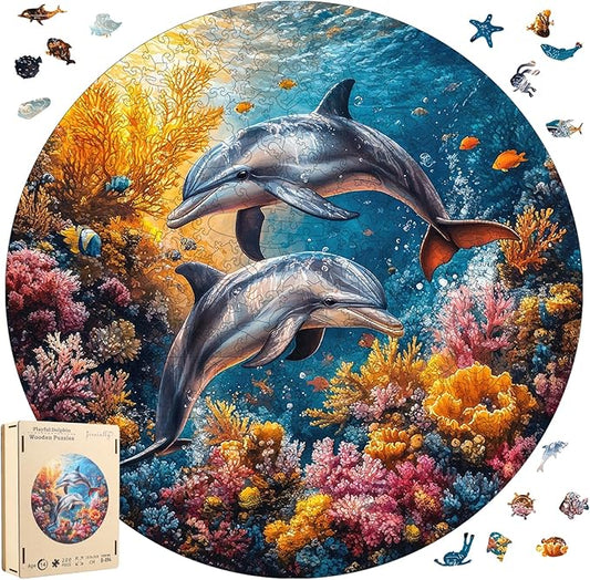 Wooden Puzzles for Adults, Dolphin Wooden Jigsaw Puzzles 500 Pieces, Royal, 16.5 in Unique Shape Ocean Puzzle, Irregular Puzzle Creative for Adults and Kids Family Games