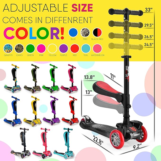 Hurtle 3-Wheeled Scooter for Kids - Wheel LED Lights, Adjustable Lean-to-Steer Handlebar, and Foldable Seat - Sit or Stand Ride with Brake for Boys and Girls Ages 1-14 Years Old
