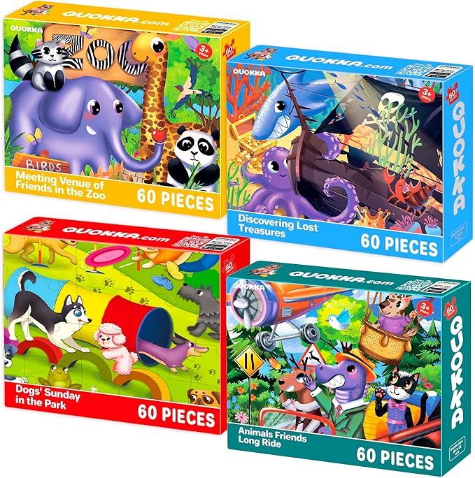 QUOKKA Puzzles for Kids Ages 4-6 - Set of 4x60 Jigsaw Puzzles for Toddlers 3-5 - Zoo, Dogs, Animals Toys for Children 6-8 yo - Gift Educational Game for Boys & Girls