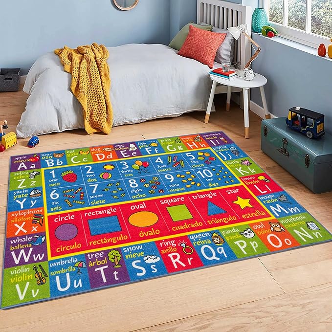 KC Cubs ABC Alphabet, Seasons, Days + Spanish Translations Educational Learning Game Play Boy & Girl Kids Area Rug Carpet for Children Bedroom, Toddler Classroom, & Baby Playroom Floor Activity Mat