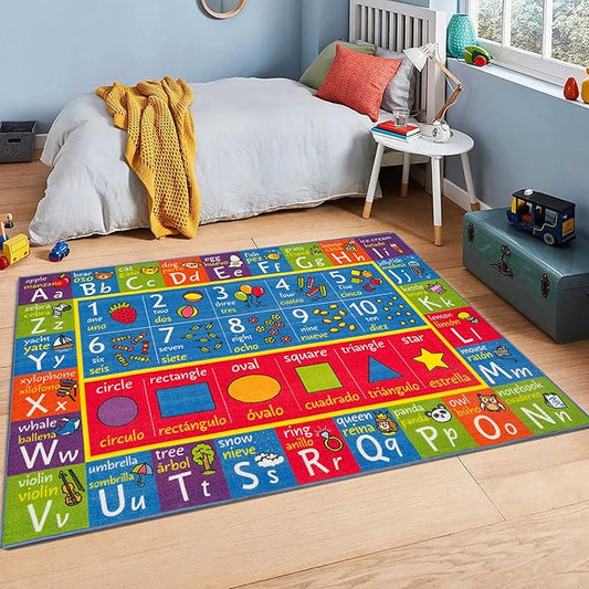 KC Cubs ABC Alphabet, Seasons, Days + Spanish Translations Educational Learning Game Play Boy & Girl Kids Area Rug Carpet for Children Bedroom, Toddler Classroom, & Baby Playroom Floor Activity Mat