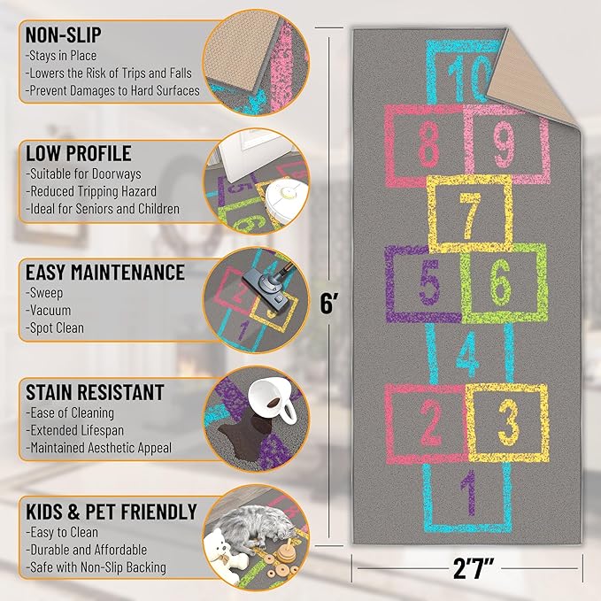 Ottomanson 2'7" x 6' Hopscotch Kids Rug - Play Mat for Playroom, Bedroom, Daycare & Classroom - Fun & Interactive Game Carpet - Durable and Non-Slip - Perfect for Learning & High-Traffic Areas, Pink