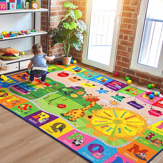 Playroom Rug Baby Play Mat for Floor ABC Rug for Kids Educational and Fun Playmat with Alphabet Animals Shapes Colors 5x7 Area Rug Learning Rugs for Toddler Children Game Activity