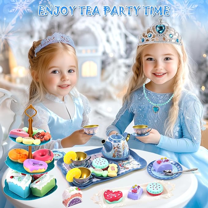 Motiloo Tea Party Set for Little Girls, 58Pcs Princess Tea Set Play Kitchen Toy with Dessert, Doughnut, Carrying Case for Birthday Kids Girls Age 3 4 5 6 7 8 Year Olds