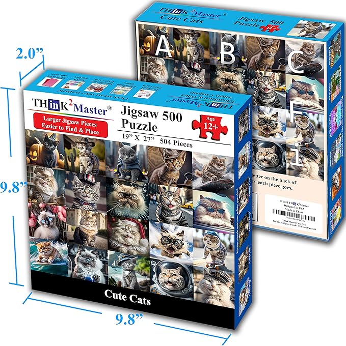 Think2Master Cute Cats 500 Pieces Jigsaw Puzzle Featuring heartwarming Kittens and Cats. Fun Toy Teens, Seniors & Families. Great Gift for Kids Ages 13+ Size: 26.8” x 18.9”