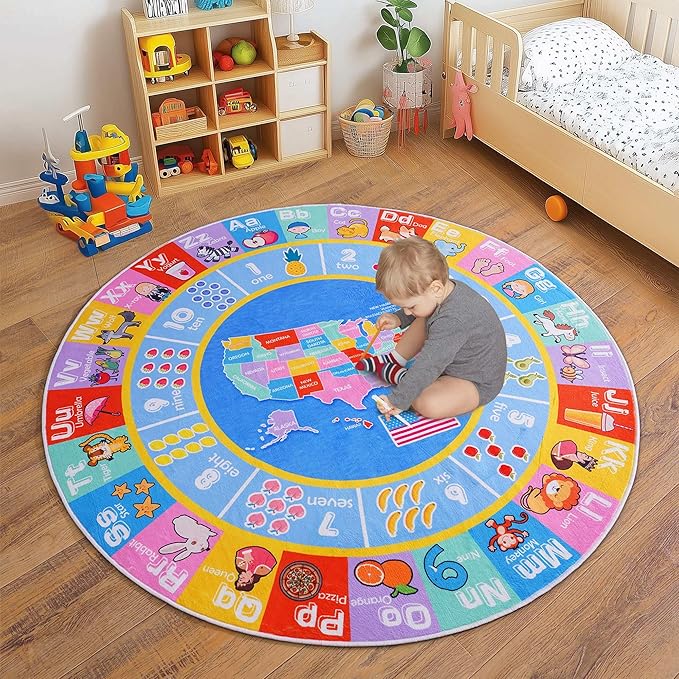 Kids Rugs for Playroom - Soft & Non-Slip 4x4 Feet Round Educational Rug for Learning ABC Alphabet, Numbers, Shapes & Map, Washable Classroom Rug for Toddler Nursery & Kids Room Decor