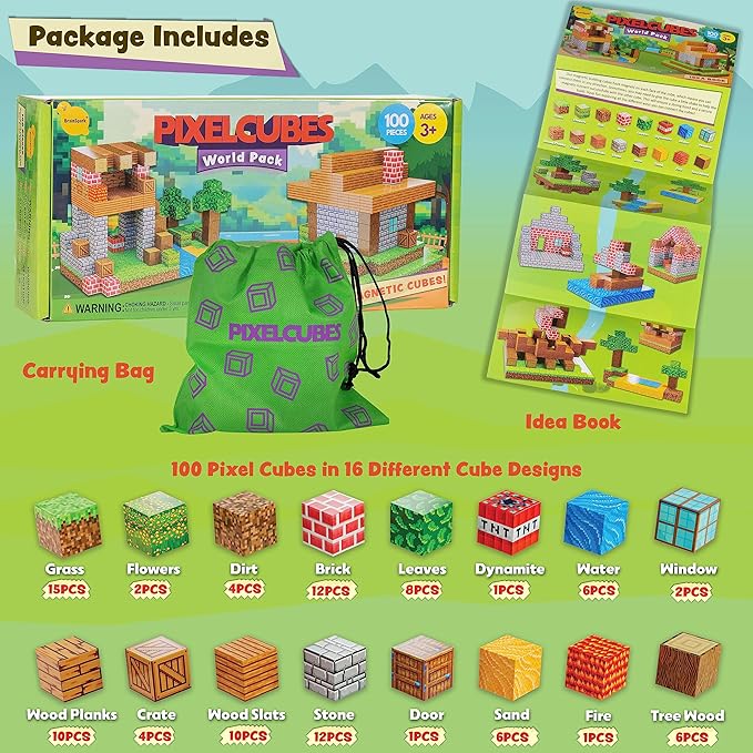 100PCS Magnetic Pixel Cubes World Pack STEM Building Blocks for Kids Montessori Educational Toys Fidget Sensory Set Construction Stacking Toy for Kids 3+ Boys and Girls Christmas Birthday Gifts