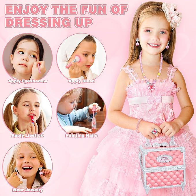 99 Pcs Kids Makeup Kit for Girls, Princess Toys Real Washable Cosmetics Set with Mirror, Hair Ties, Nails, Rings, Earrings, Necklace, Perfect for 3 4 5 6 7 8 Year Old Girls Birthday