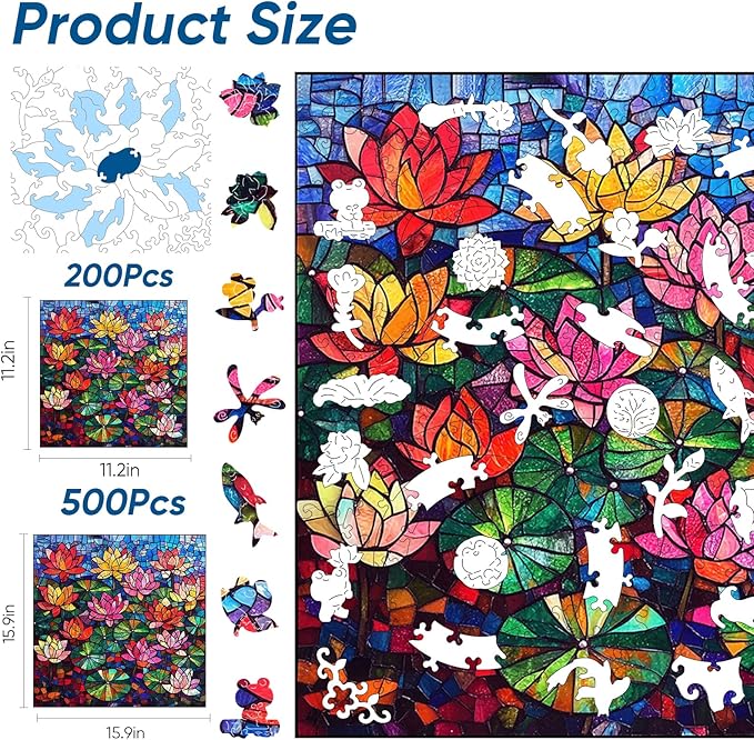 Puzzles for Adults, Glass Lotus Wooden Puzzles 200 Pieces, 5MM Thick Unique Shaped Flower Jigsaw Puzzles Birthday Gifts for Kids Family Game 11.2 * 11.2inch