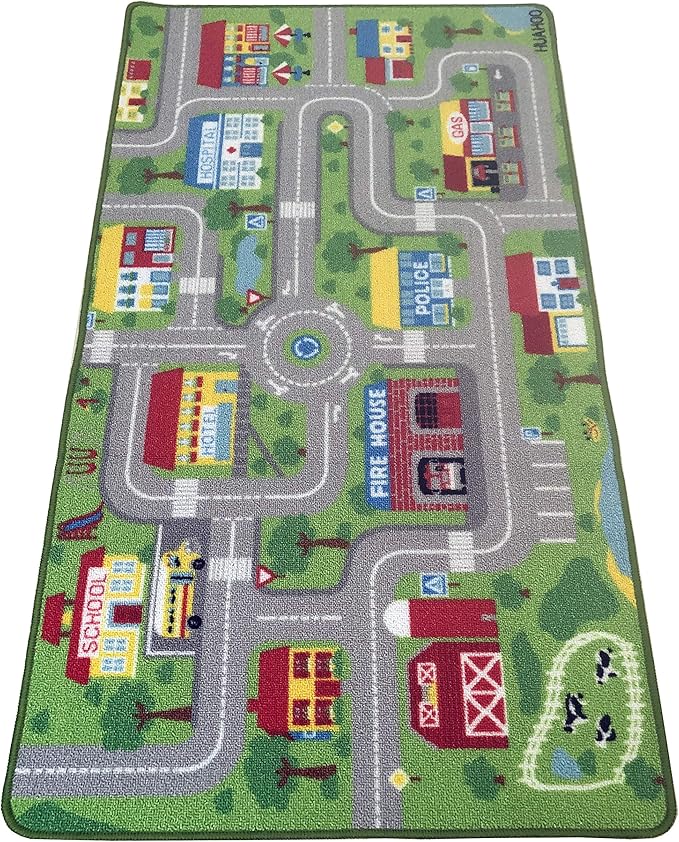 City Street Map Kids' Rug with Roads Kids Rug Play mat with School Hospital Station Bank Hotel Book Store Government Workshop Farm for Boy Girl Nursery Bedroom Playroom Classroom (39" X 51")