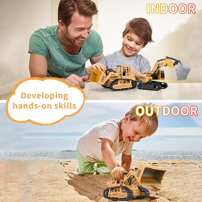 AISYAH Remote Control Excavator and Construction Bulldozer Toy Set - RC Construction Vehicles Toy with Barricades, Road Signs, Simulated Rocks, Lights and Sounds, Present for Toddlers 6-12 Year Kids