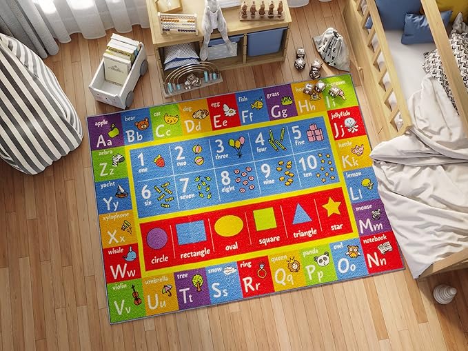KC CUBS ABC Alphabet, Numbers and Shapes Educational Learning & Fun Game Play Area Non Slip Boy Girl Kids Rug Carpet for Children Bedroom, Toddler Classroom Baby Playroom Mat, Playtime Activity
